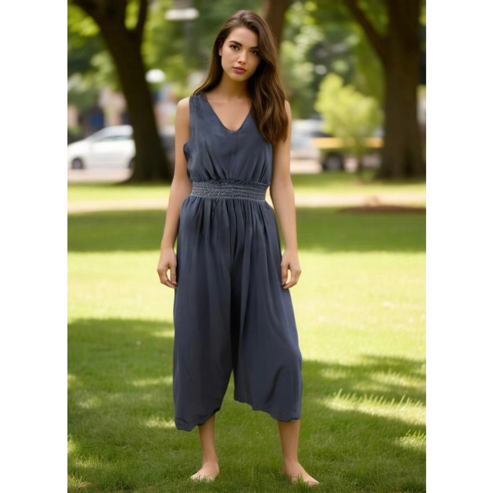 Japna Womans Jumpsuit Blue Sm V-Neck Elastic Waist Flare Leg Coastal Cottagecore